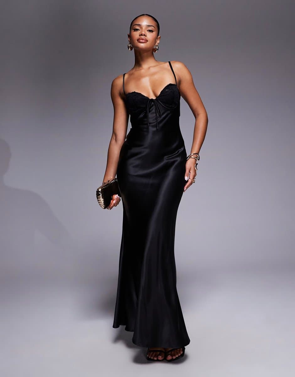 ASOS Princess Polly Fadyen satin lace cup open strap detail back detail maxi dress in black