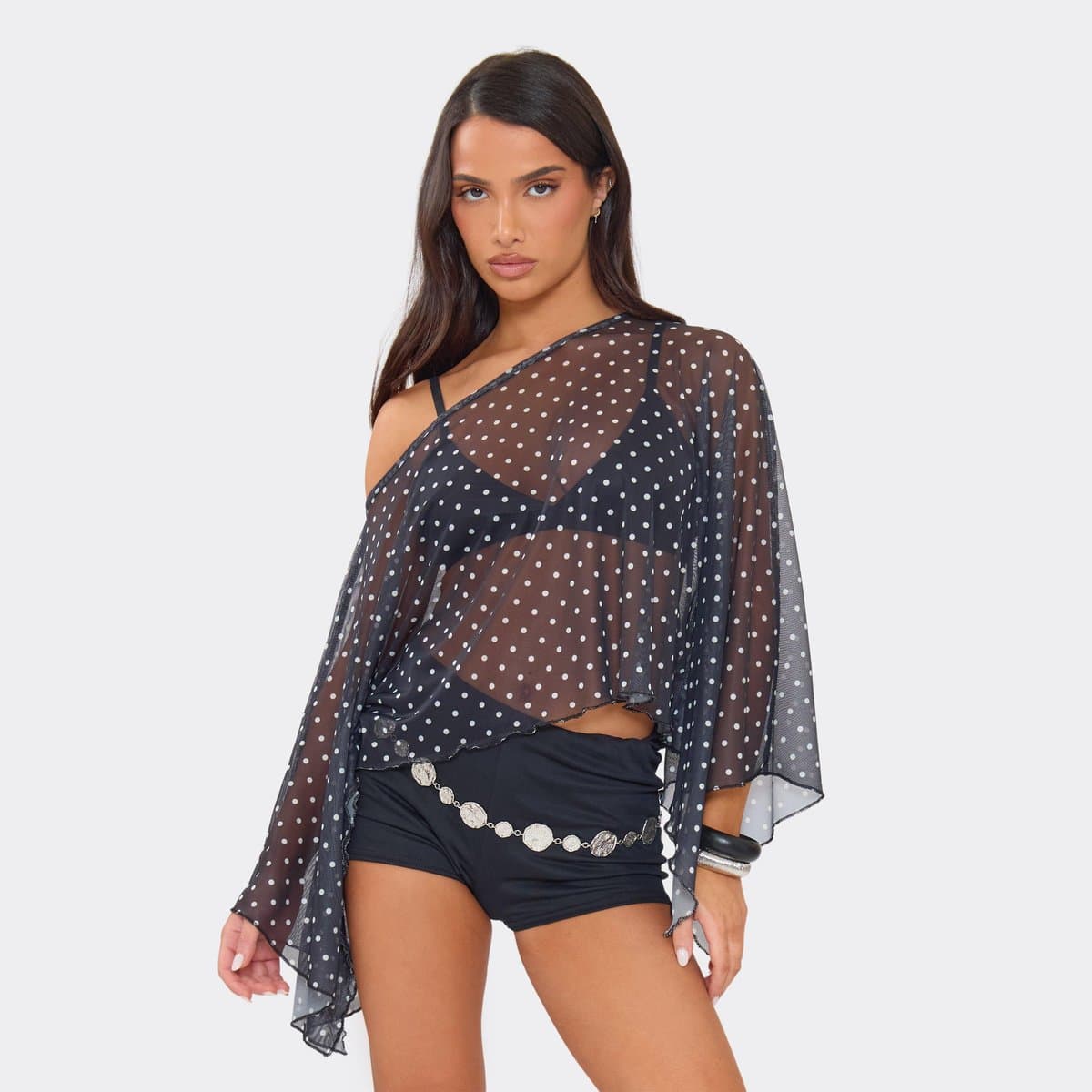 EGO Off The Shoulder Cape Top In Multi Polka Dot Print Mesh, Women's Size UK 6