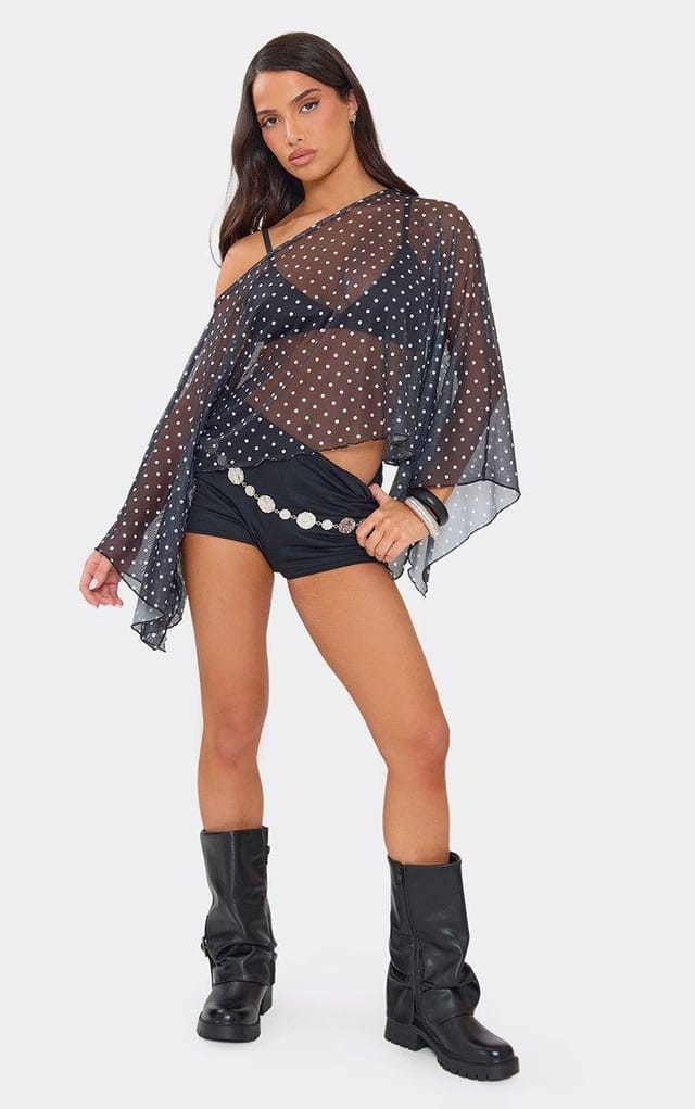 EGO Off The Shoulder Cape Top In Multi Polka Dot Print Mesh, Women's Size UK 6 - 2