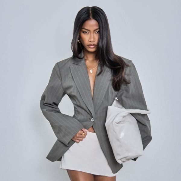 EGO Plunge Shoulder Pad Detail Blazer In Khaki Green Pinstripe, Women's Size UK 6 - 1