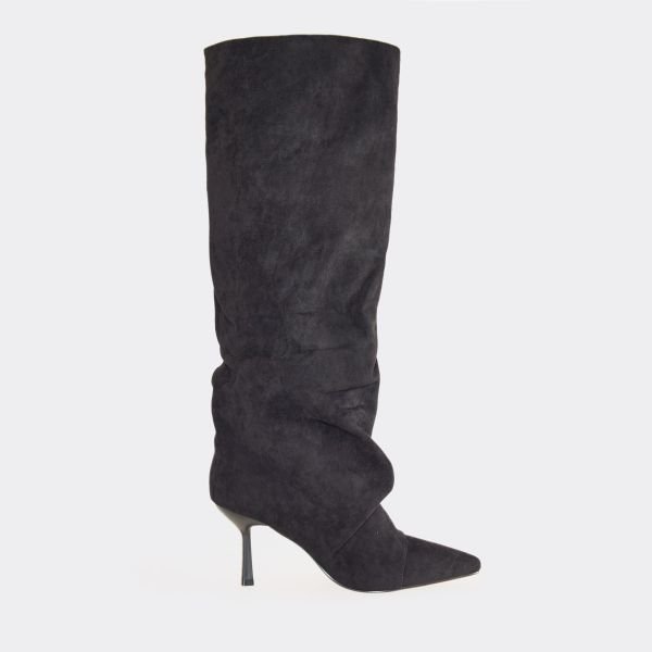 EGO Cave Pointed Toe Slouched Detail Knee High Boot In Black Faux Suede, Women's Size UK 3 - 2