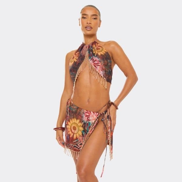 EGO Halterneck Open Back Beaded Trim Detail Top In Multi Abstract Print, Women's Size UK 6