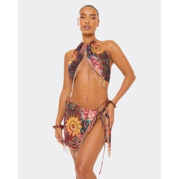 EGO Halterneck Open Back Beaded Trim Detail Top In Multi Abstract Print, Women's Size UK 6 - 2