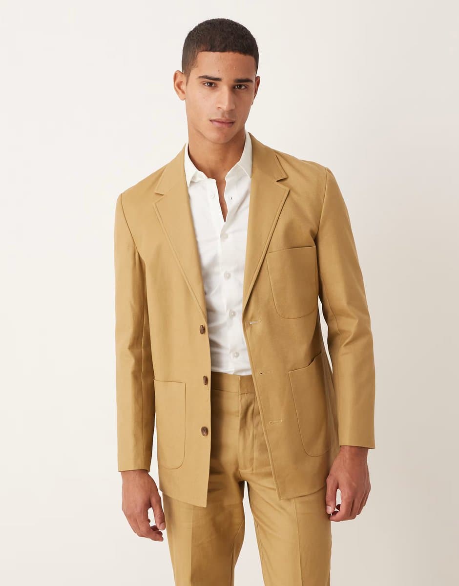 ASOS ASOS DESIGN cotton linen blend regular suit jacket in camel twill