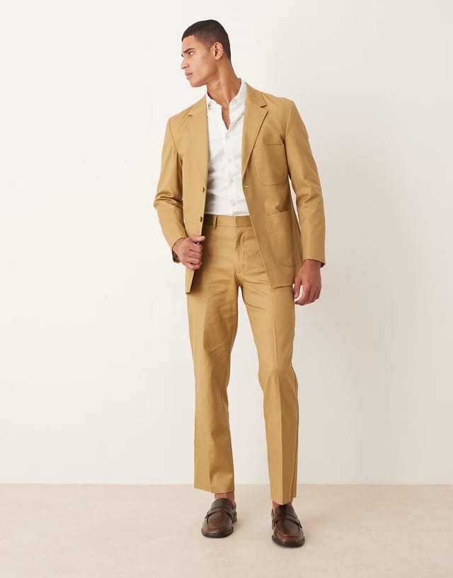 ASOS ASOS DESIGN cotton linen blend regular suit jacket in camel twill - 3