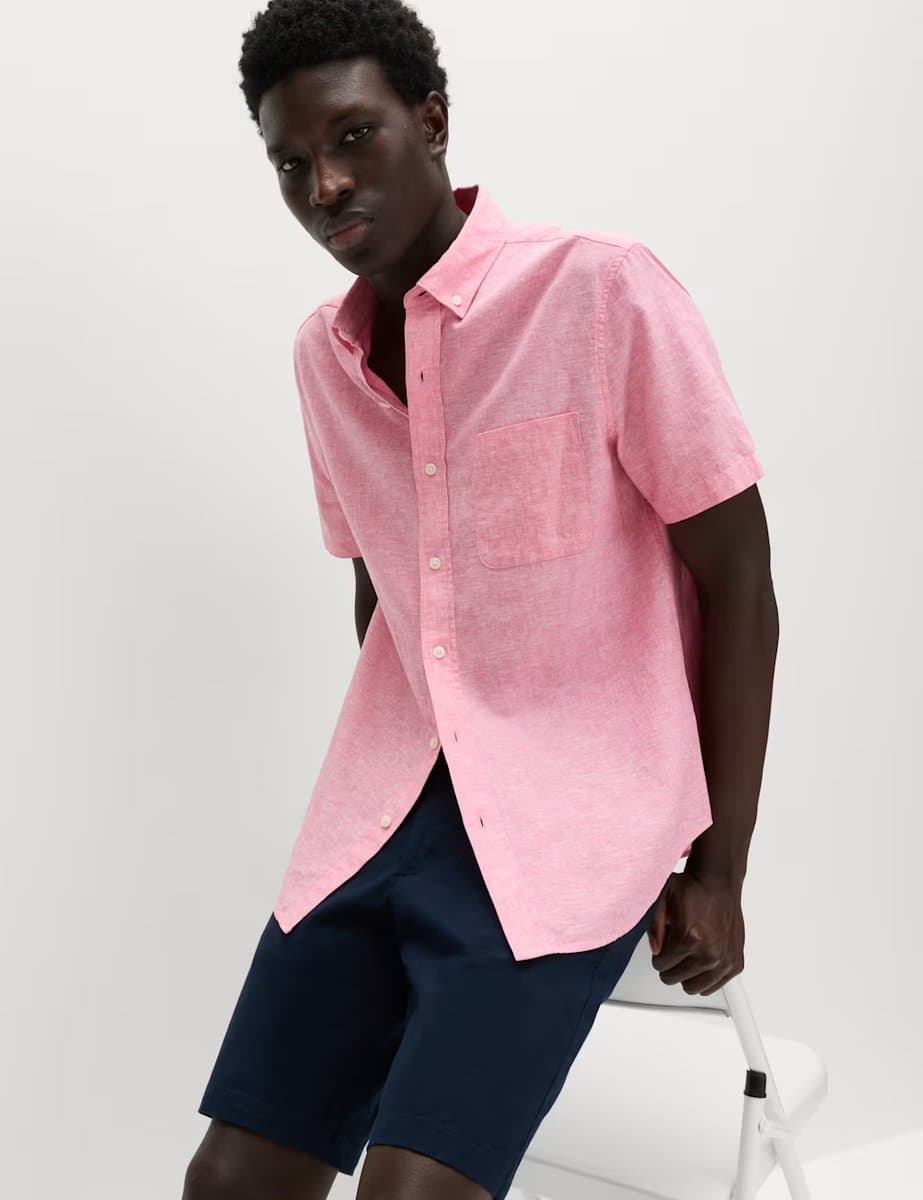 Marks & Spencer M&S Regular Fit Linen Rich Short Sleeve Shirt Pink Fizz