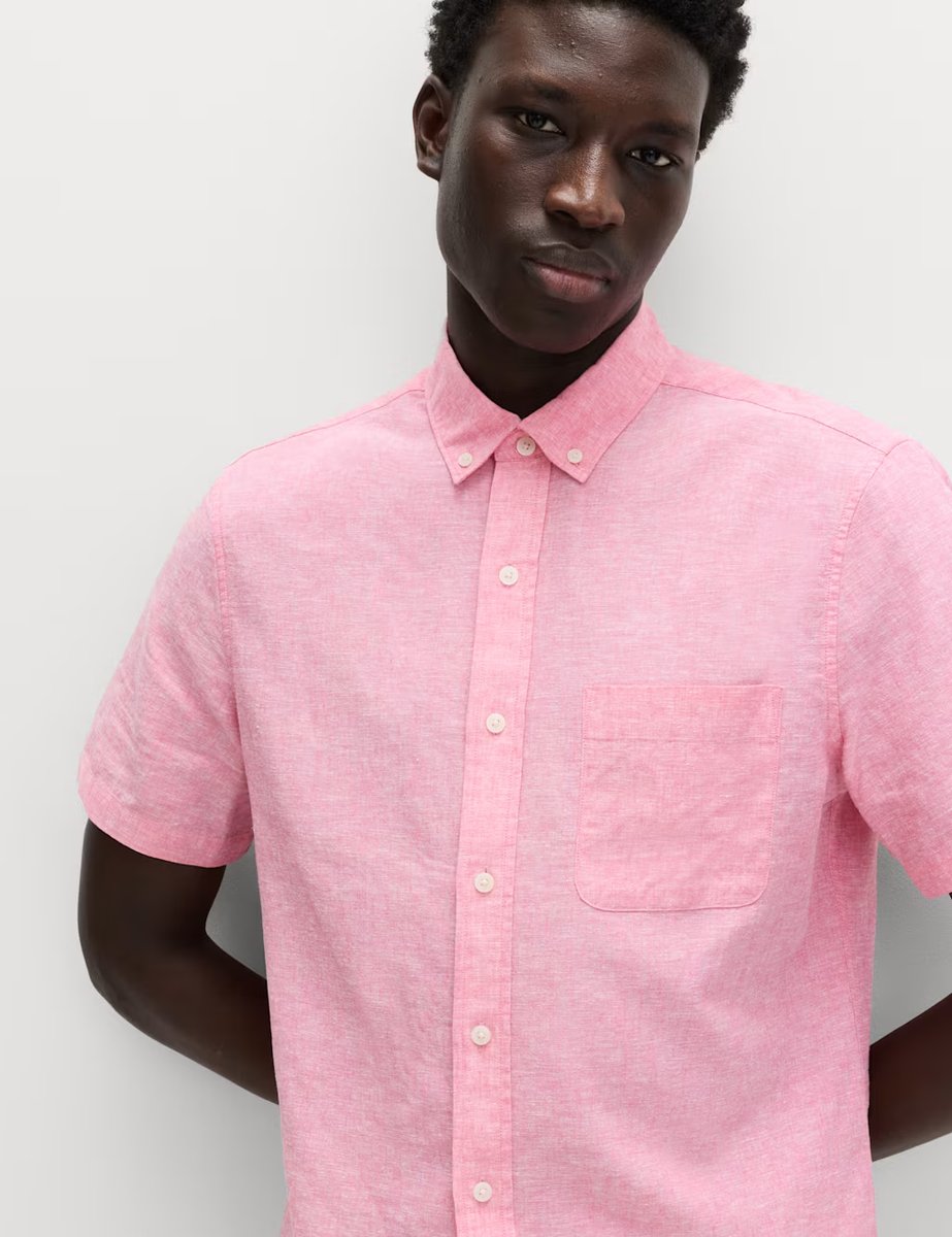 Marks & Spencer M&S Regular Fit Linen Rich Short Sleeve Shirt Pink Fizz - 3