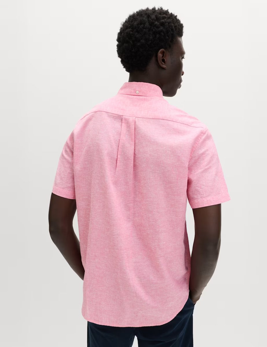 Marks & Spencer M&S Regular Fit Linen Rich Short Sleeve Shirt Pink Fizz - 4