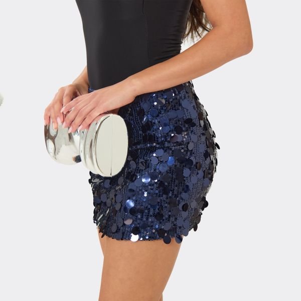 EGO Mid Rise Mini Skirt In Navy Blue Disc Sequin, Women's Size UK 8 - 2