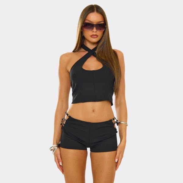 EGO Halterneck Crossover Buckle Detail Crop Top In Black, Women's Size UK 6