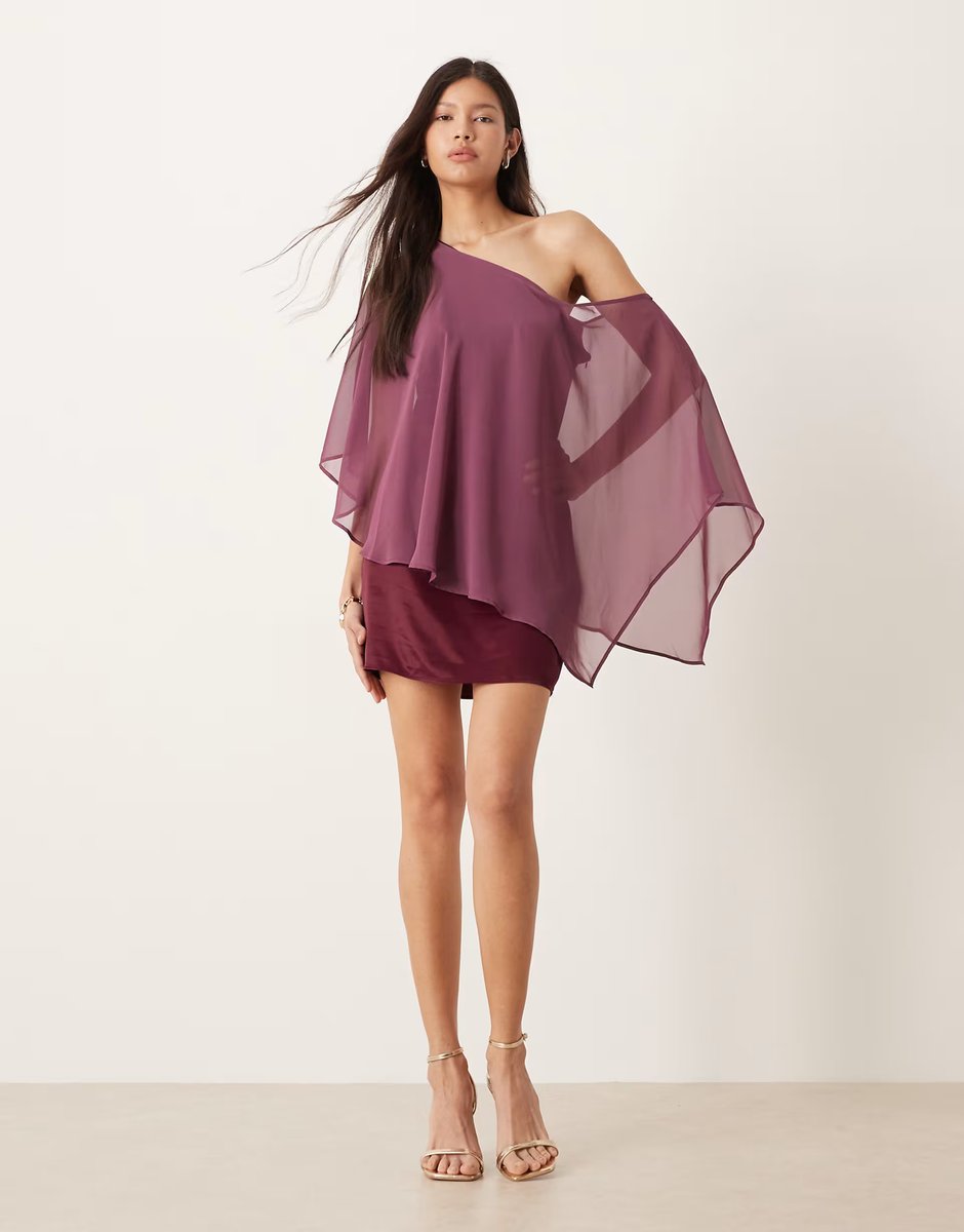 ASOS ASOS DESIGN satin chiffon mix one shoulder mini dress in plum - 4