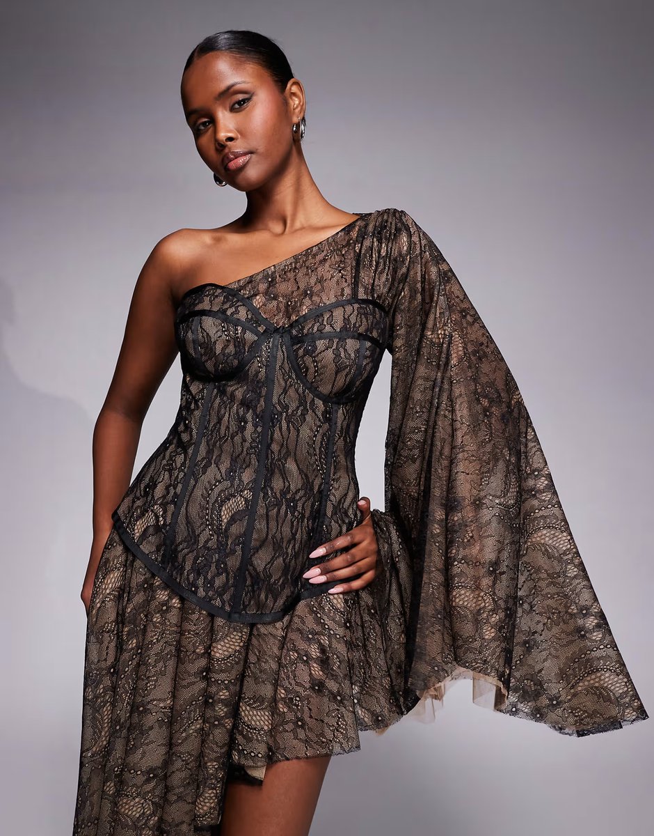 ASOS The Dolls House Circa Evangeline lace one shoulder asymmetric hem dress in black - 3