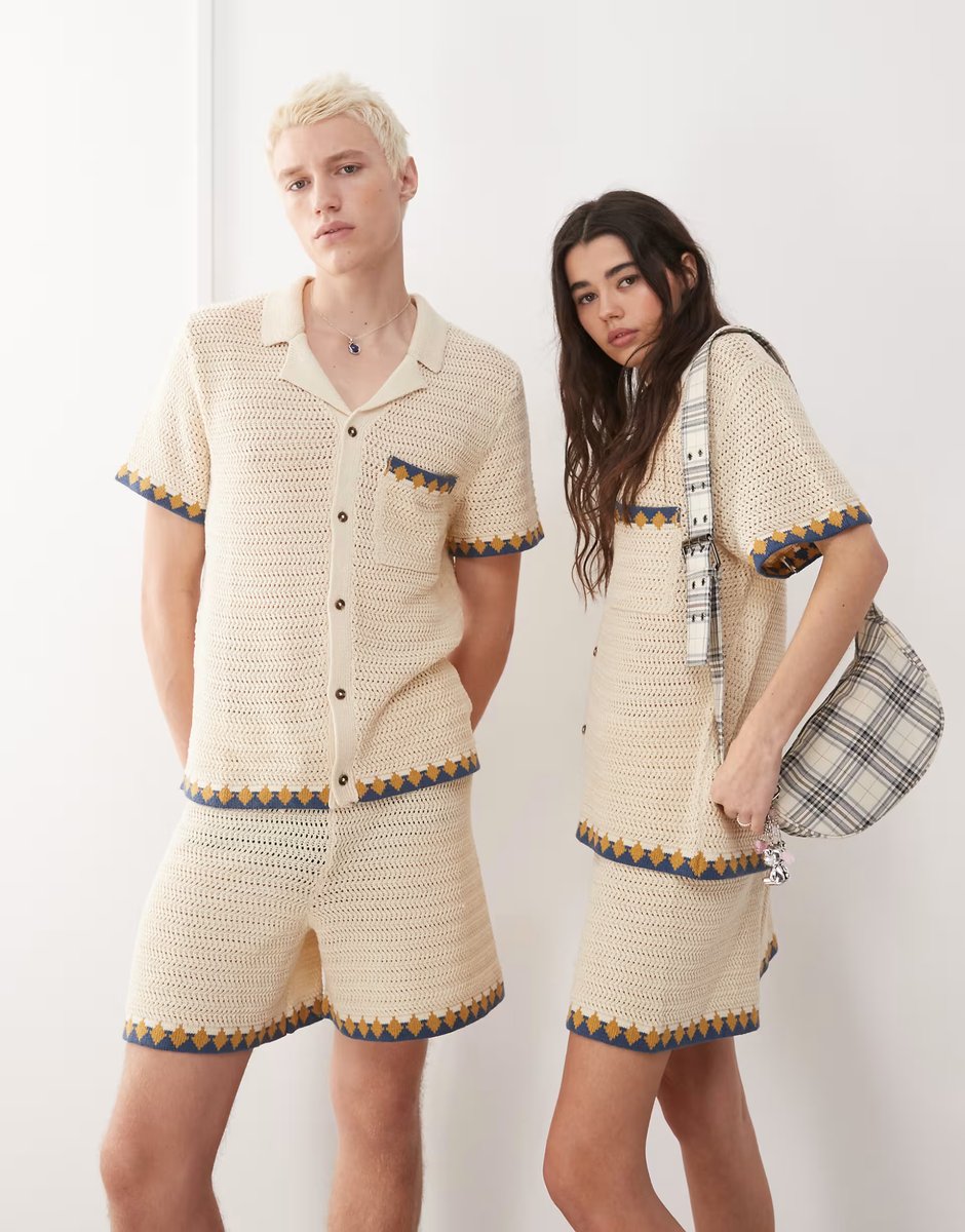 ASOS Reclaimed Vintage unisex crochet short co-ord in neutral - 3