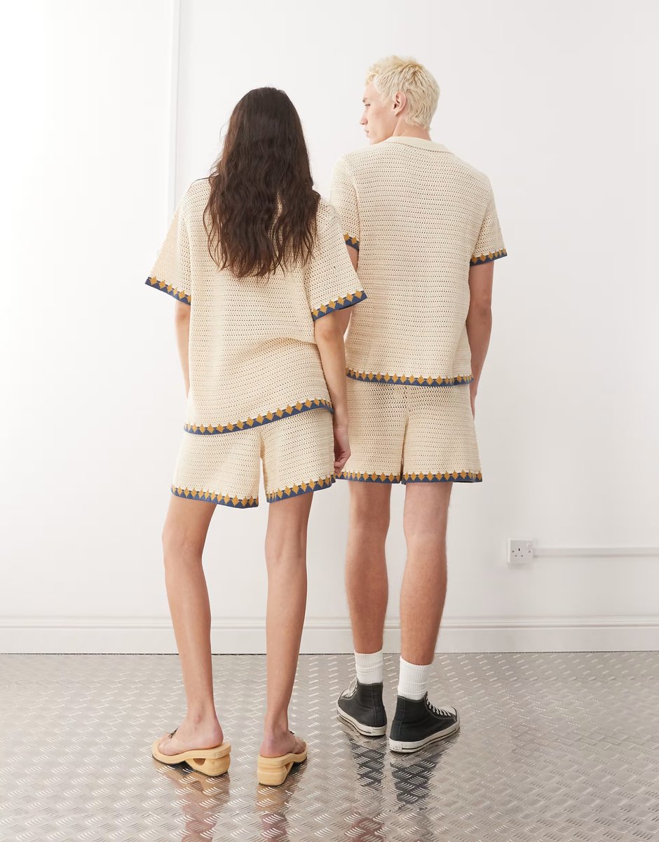 ASOS Reclaimed Vintage unisex crochet short co-ord in neutral - 4