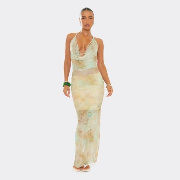 EGO Cowl Neck Bead Trim Detail Maxi Dress In Multi Printed Mesh, Women's Size UK Large L