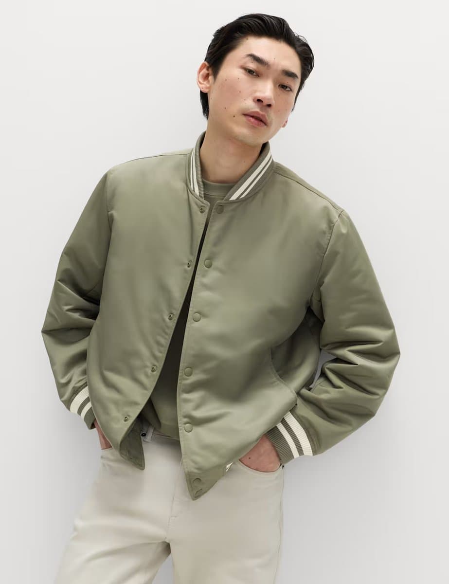 Marks & Spencer M&S Lightweight Satin Bomber Jacket in Dark Sage