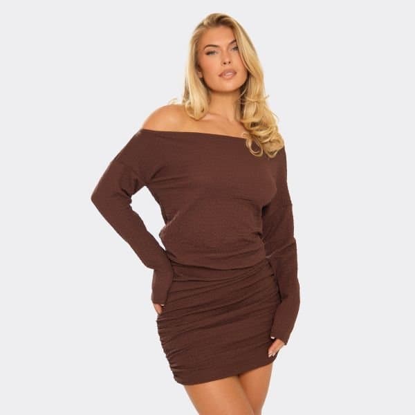 EGO Off The Shoulder Draped Detail Mini Dress In Chocolate Brown Textured, Women's Size UK 6