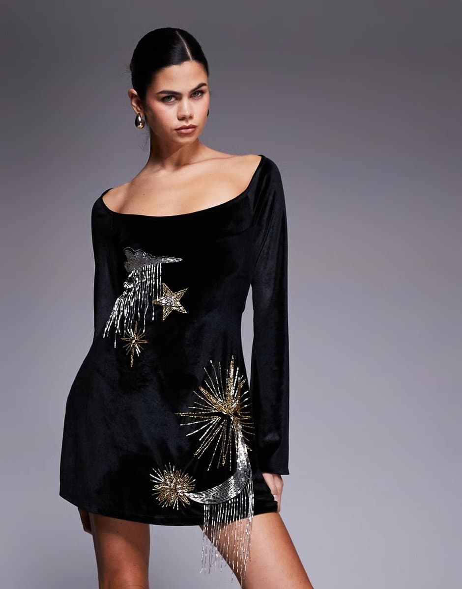 ASOS ASOS DESIGN super scoop long sleeve mini dress with aline skirt and celestial embellishment in bonded velvet