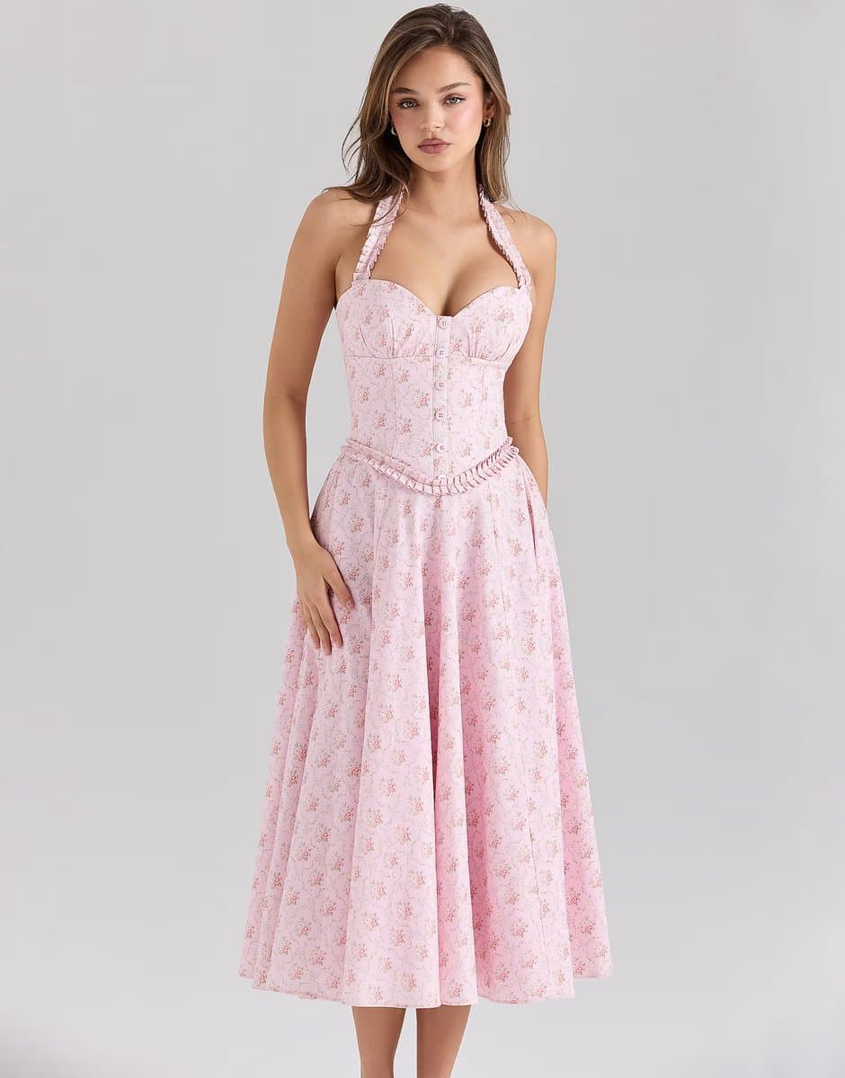 ASOS House of CB Georgie stretch cotton halter neck midi dress in pink rose print