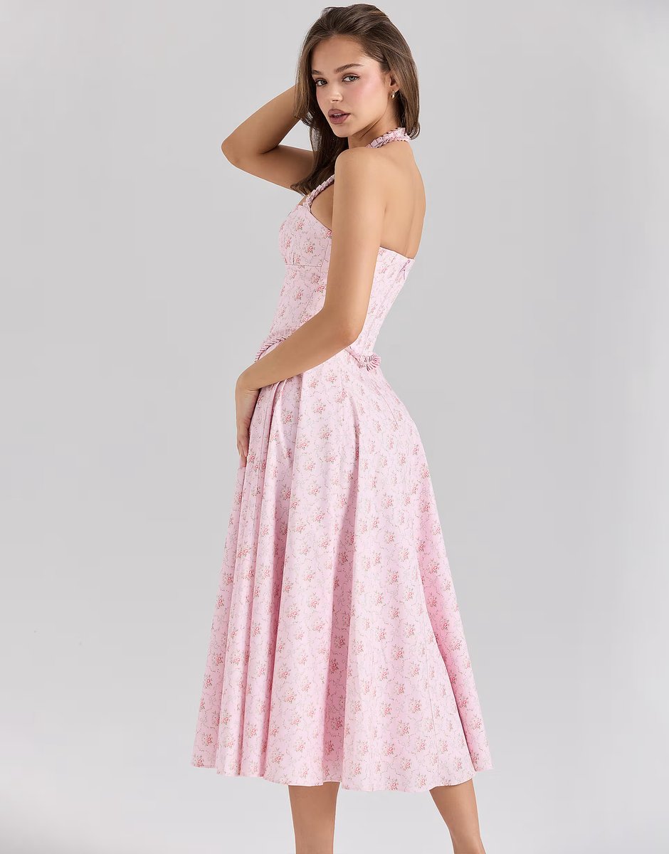 ASOS House of CB Georgie stretch cotton halter neck midi dress in pink rose print - 2