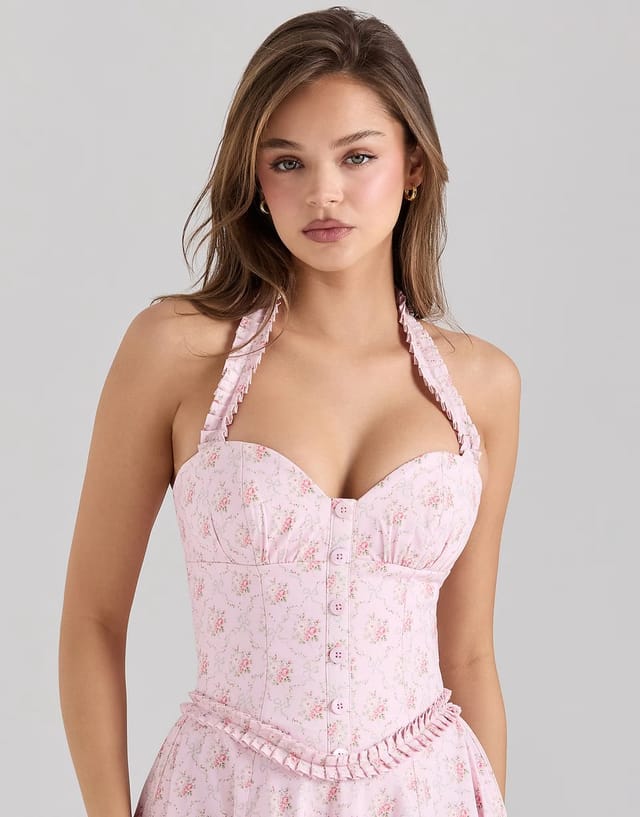 ASOS House of CB Georgie stretch cotton halter neck midi dress in pink rose print - 3