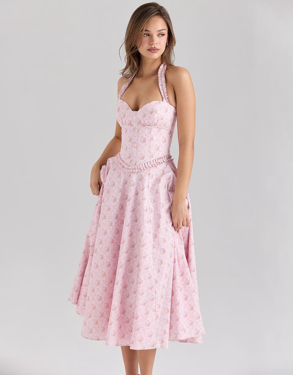ASOS House of CB Georgie stretch cotton halter neck midi dress in pink rose print - 4