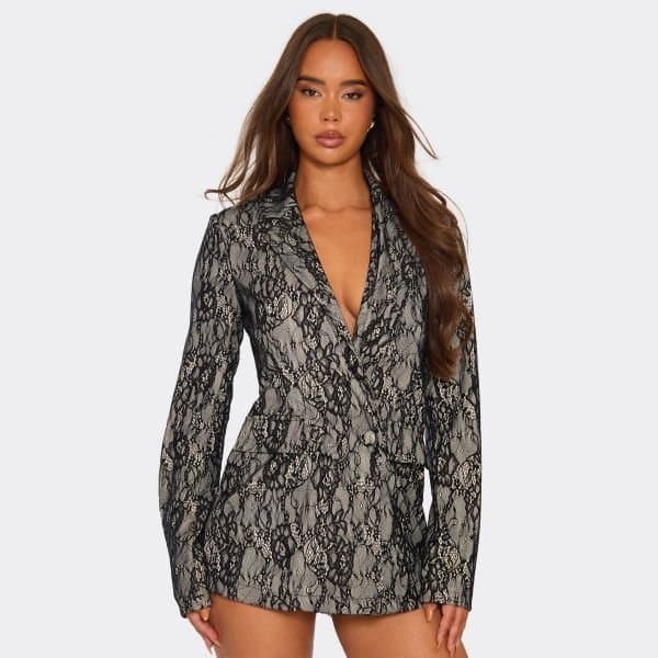 EGO Long Sleeve Collar Button Front Detail Blazer Playsuit In Black Contrast Lace, Women's Size UK 6
