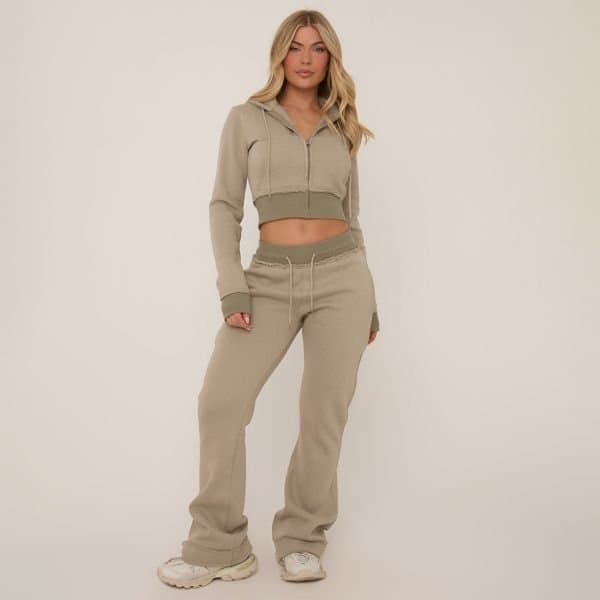 EGO Contrast Distressed Detail Drawstring Flared Joggers In Washed Green, Women's Size UK 4