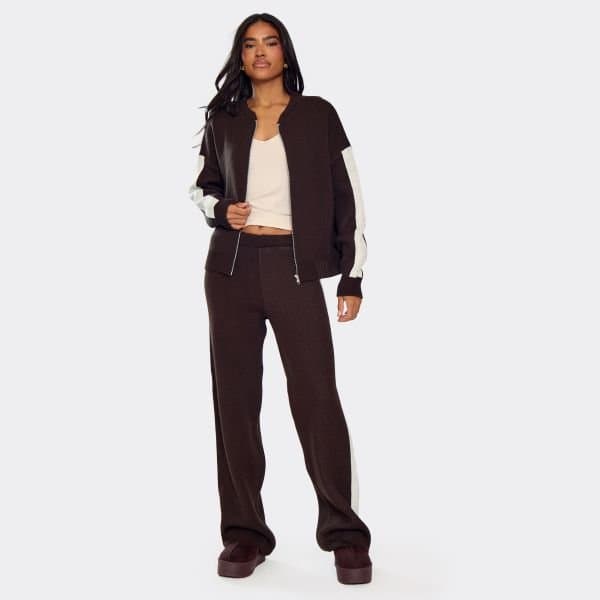 EGO Mid Rise Side Stripe Wide Leg Trousers In Chocolate Brown Knit, Women's Size UK Medium M