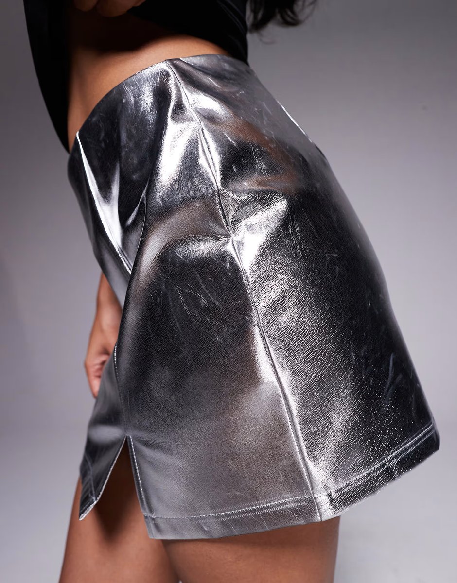 ASOS Brave Soul faux leather mini skirt with side split in silver - 4