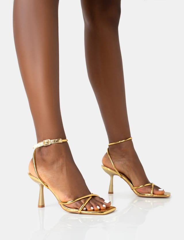 Public Desire Bree Gold PU Barely There Square Toe Mid Stiletto Heels - 3