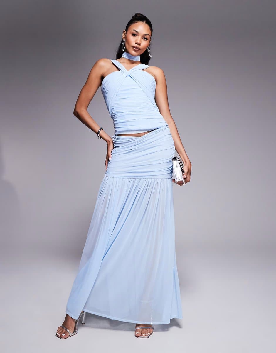 ASOS Taideux fuller bust Maya rushed mesh maxi skirt co-ord in pastel blue