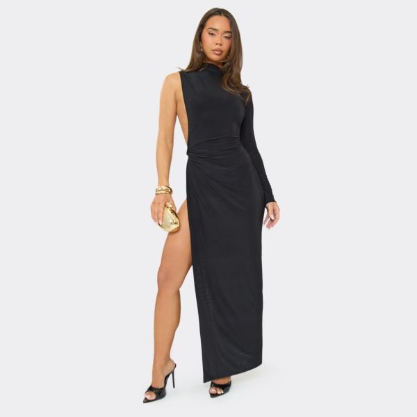 EGO High Neck One Shoulder Extreme Side Split Detail Maxi Dress In Black, Women's Size UK 6 - 2