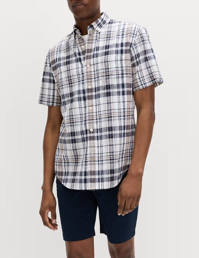 Marks & Spencer M&S Cotton Linen Blend Check Short Sleeve Shirt White Mix - 2
