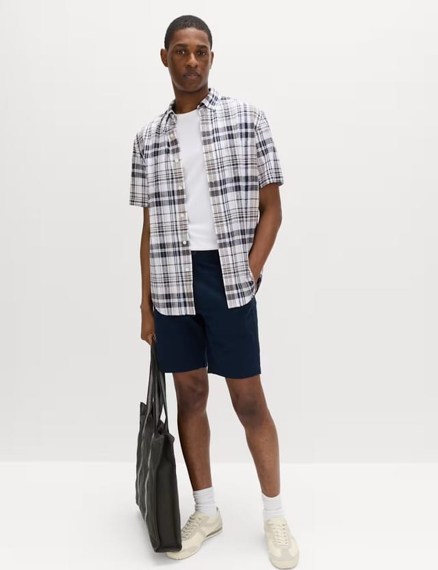 Marks & Spencer M&S Cotton Linen Blend Check Short Sleeve Shirt White Mix - 3