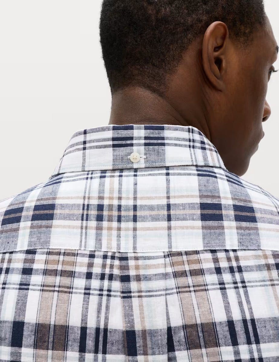 Marks & Spencer M&S Cotton Linen Blend Check Short Sleeve Shirt White Mix - 4