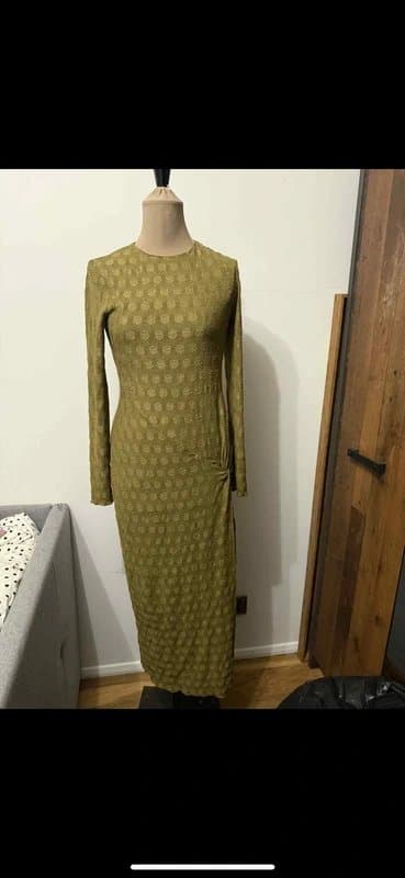 ASOS Design olive green maxi dress long sleeve side knot twist high neck split size 10
