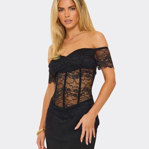 EGO Bardot Contrast Lace Corset Detail Mini Dress In Black, Women's Size UK 6 - 2