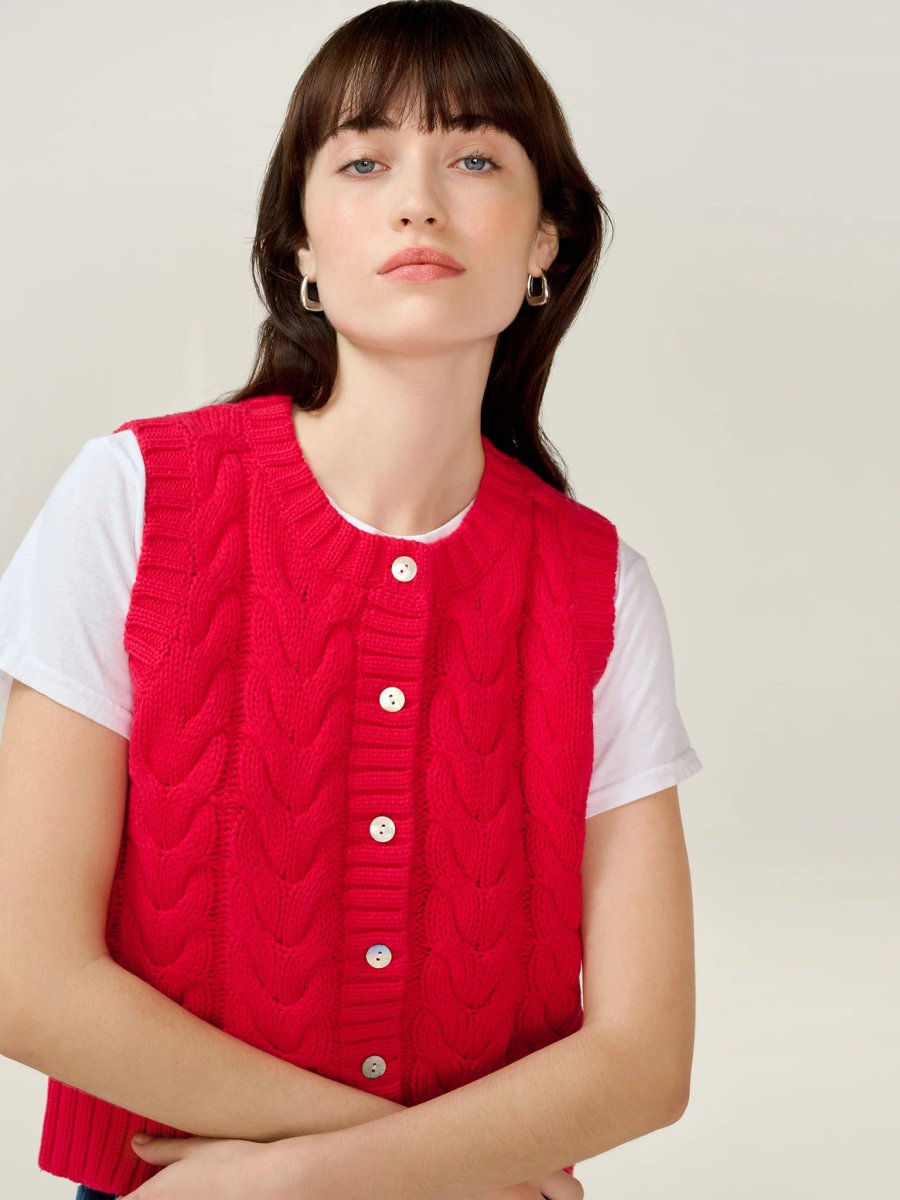 OMNES Matilda Cable Knitted Vest in Red - 4