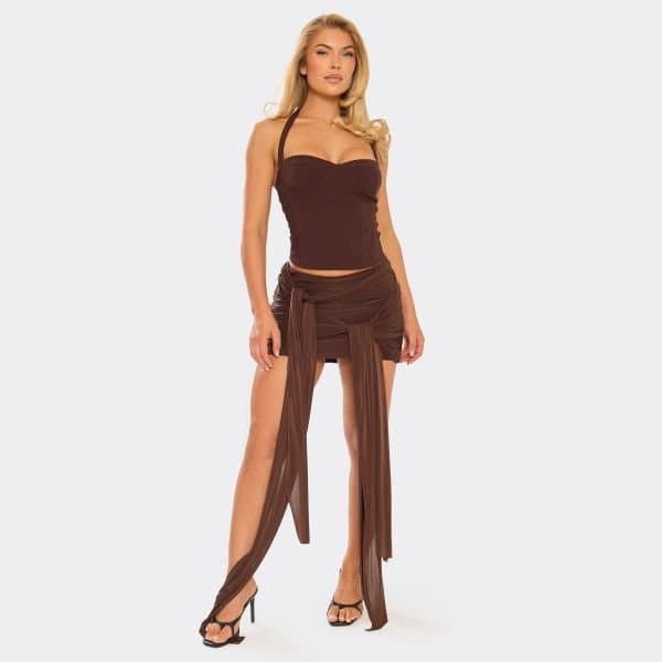 EGO Low Rise Knot Drape Detail Mini Skirt In Chocolate Brown, Women's Size UK 12