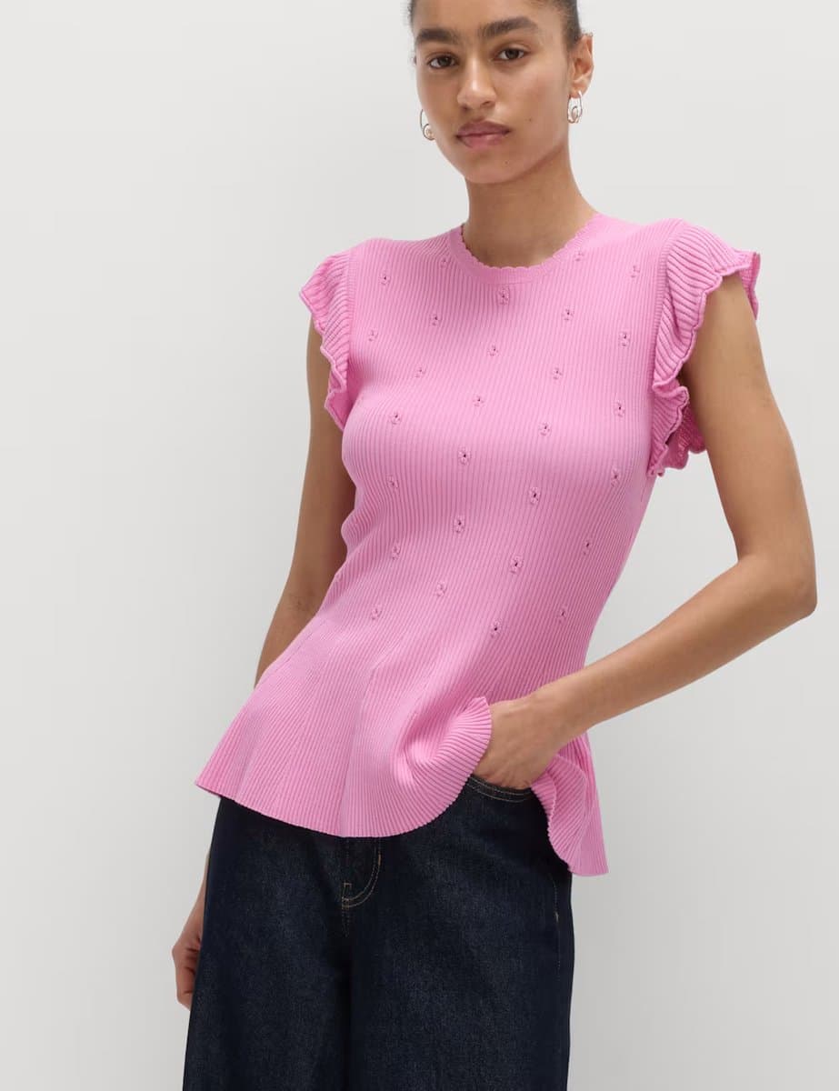 Marks & Spencer M&S Ribbed Ruffle Peplum Knitted Top Sugar Pink