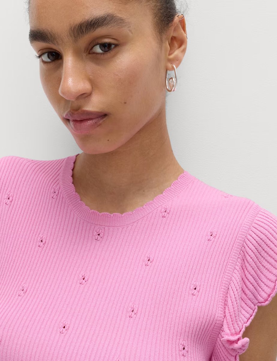 Marks & Spencer M&S Ribbed Ruffle Peplum Knitted Top Sugar Pink - 3