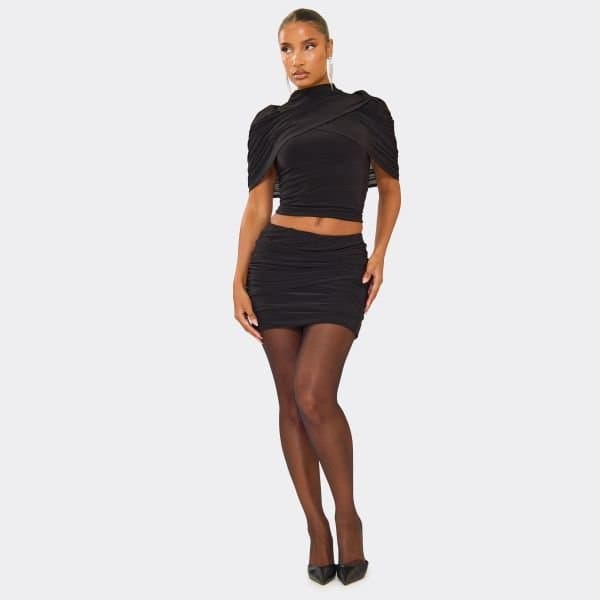 EGO Mid Waist Wrap Over Ruched Mini Skirt In Black, Women's Size UK 6