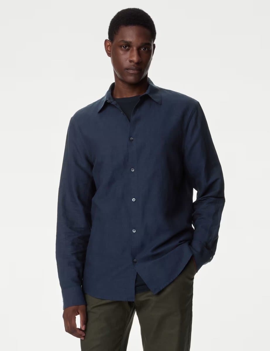 Marks & Spencer M&S Navy Linen Blend Shirt with Classic Collar