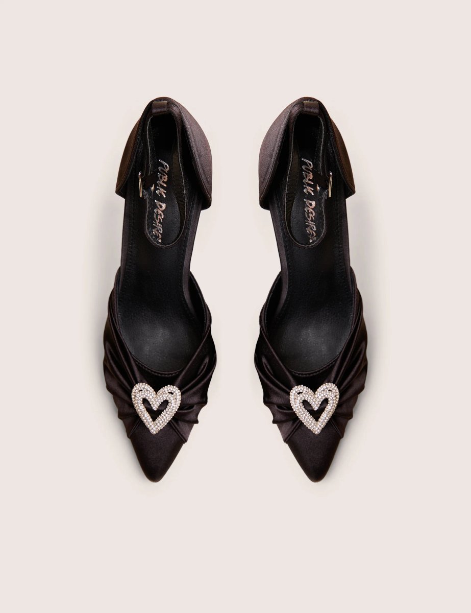 Public Desire Meant to Be Black Satin Diamante Heart Court Stiletto Heel - 2