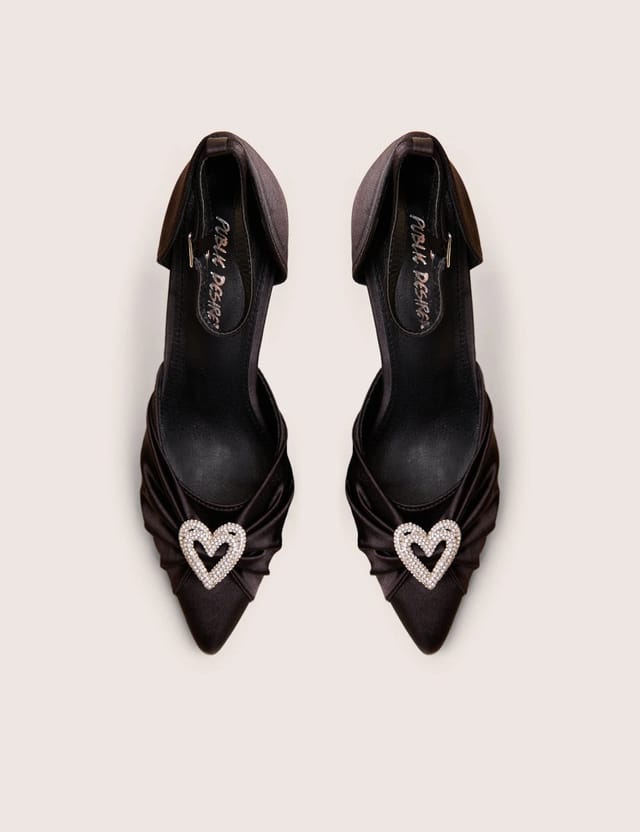 Public Desire Meant to Be Black Satin Diamante Heart Court Stiletto Heel - 2