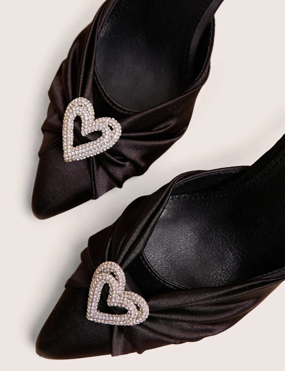 Public Desire Meant to Be Black Satin Diamante Heart Court Stiletto Heel - 4