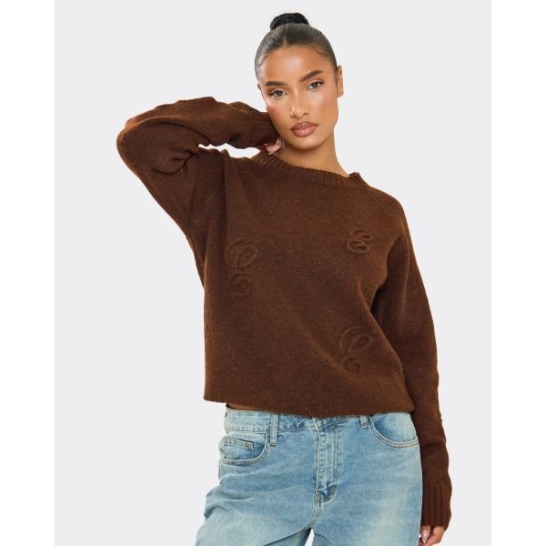 EGO Long Sleeve 'E' Graphic Applique Detail Oversized Jumper In Chocolate Brown Knit, Women's Size UK Large L - 2