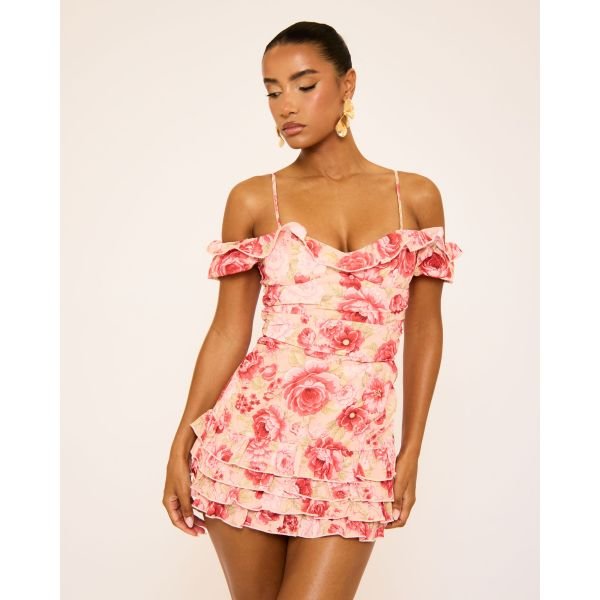 EGO Off The Shoulder Bardot Frill Hem Playsuit In Pink Floral, Women's Size UK 6 - 2