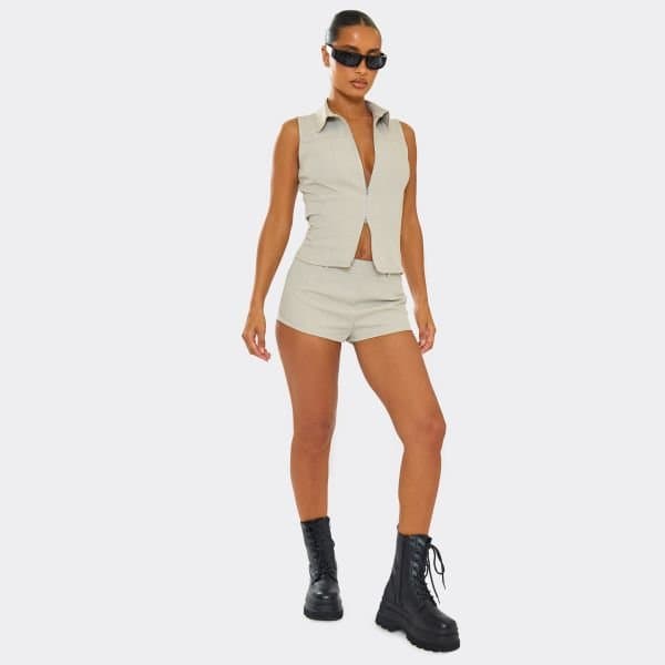 EGO Mid Rise Belt Loop Detail Fitted Hot Pants In Stone, Women's Size UK 6